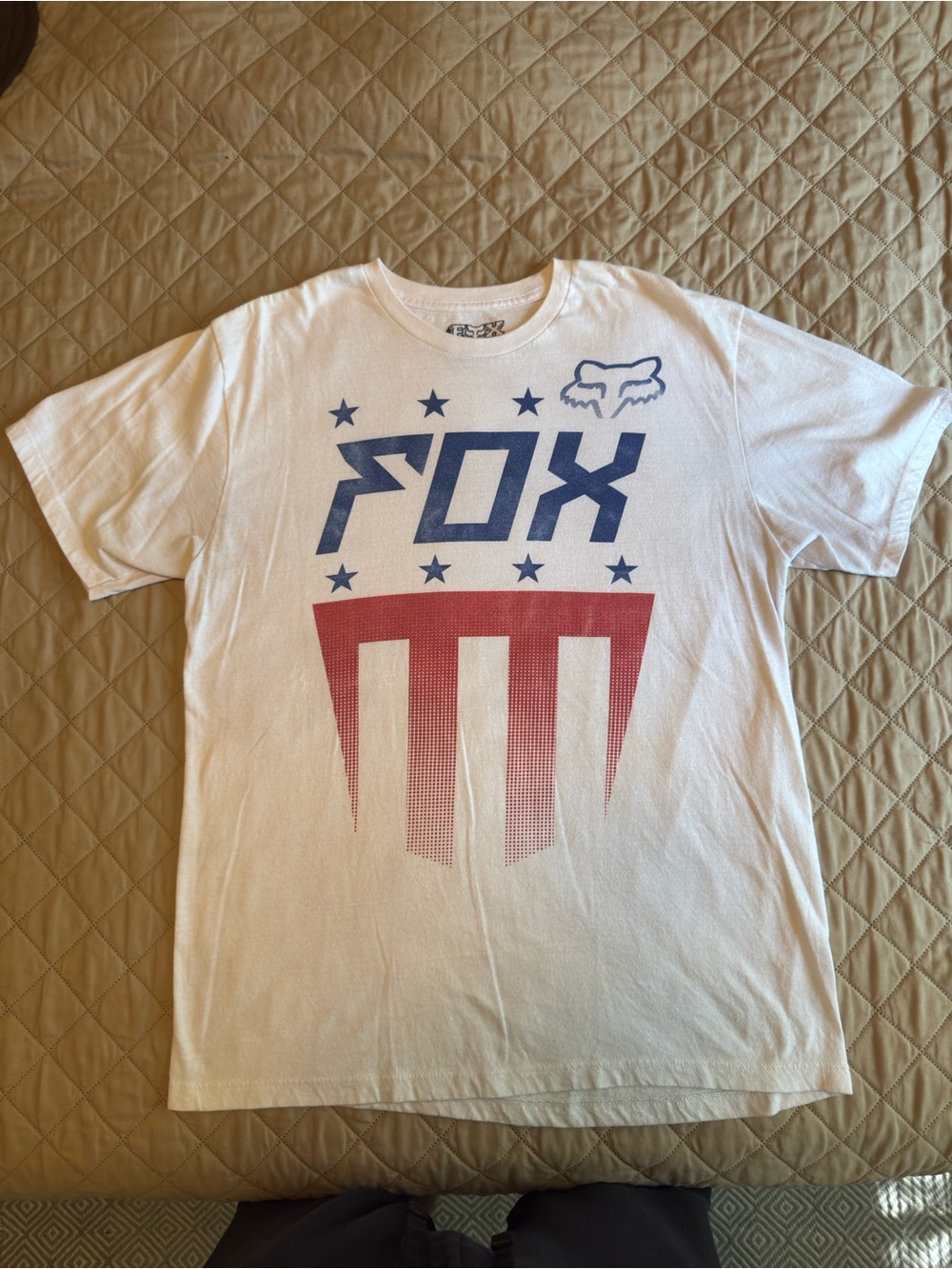 Fox White Short Sleeve Tee with Blue Logo & Red Shield Graphic